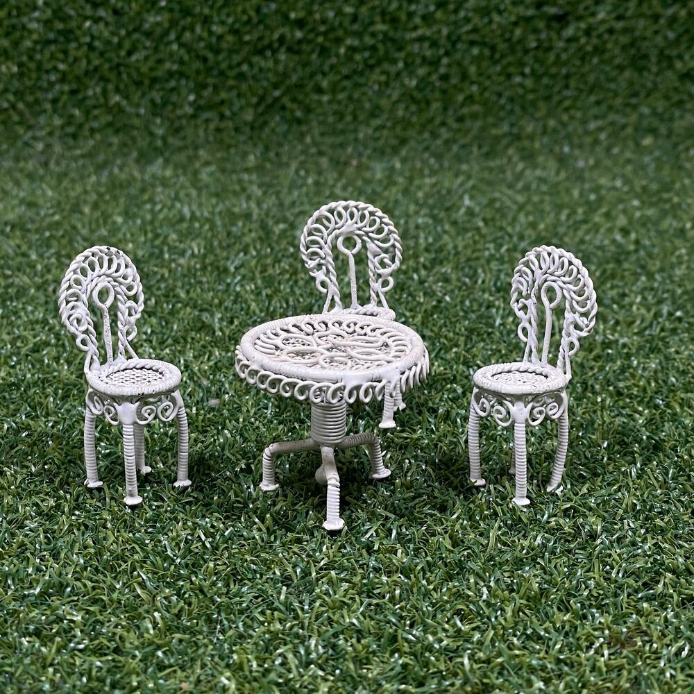 Vintage Miniature White Wire Patio Set Round Table and Chairs